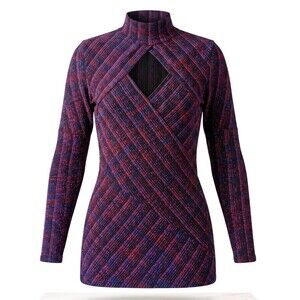 Venus Cutout Mock Neck Top Womens Medium Black Red Blue Metallic Knit